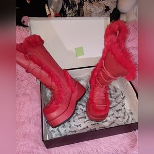 Red vegan Demonias with a bit of soft fur size 7, red